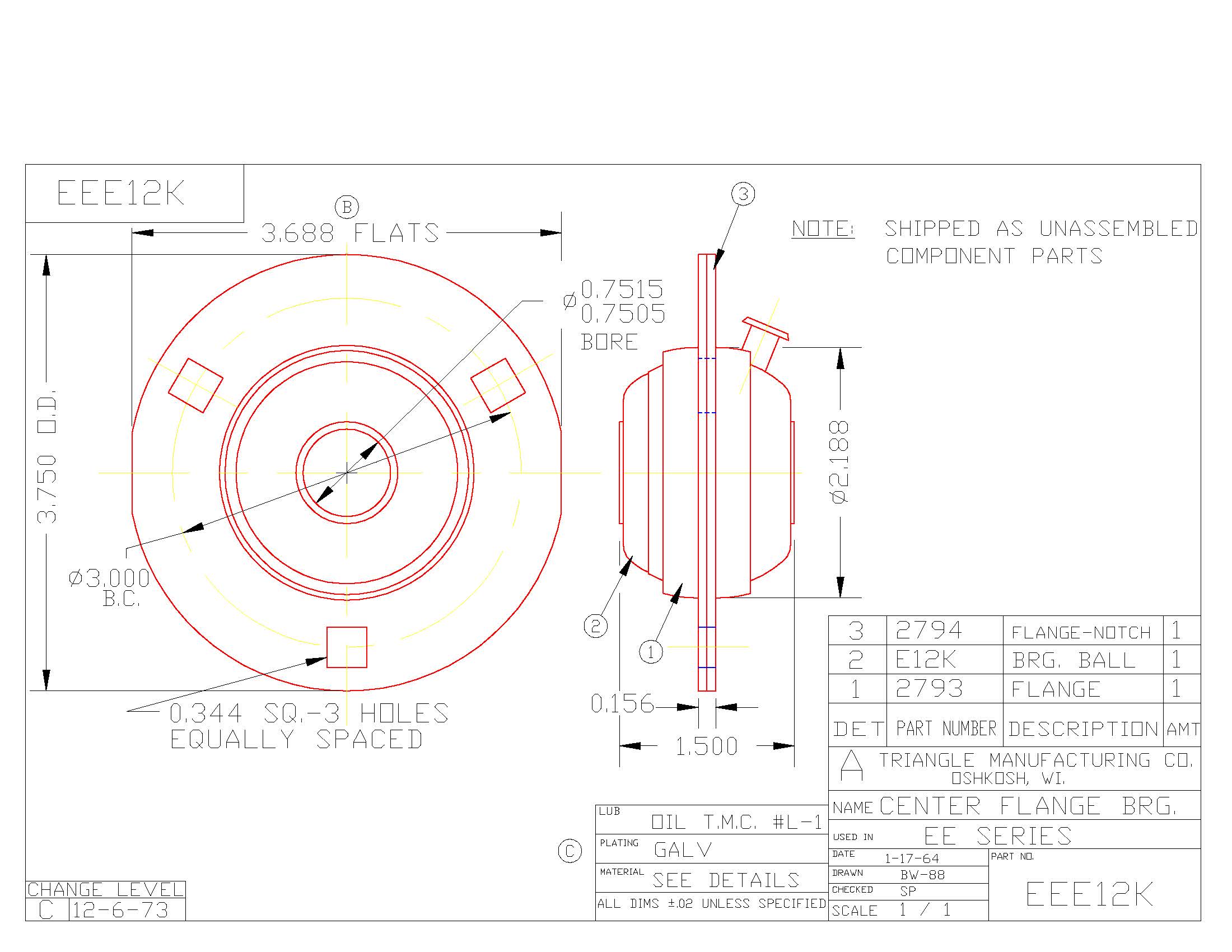 Sintered Bronze with Stamped Steel Ball 3 Bolt Flange Bearing
