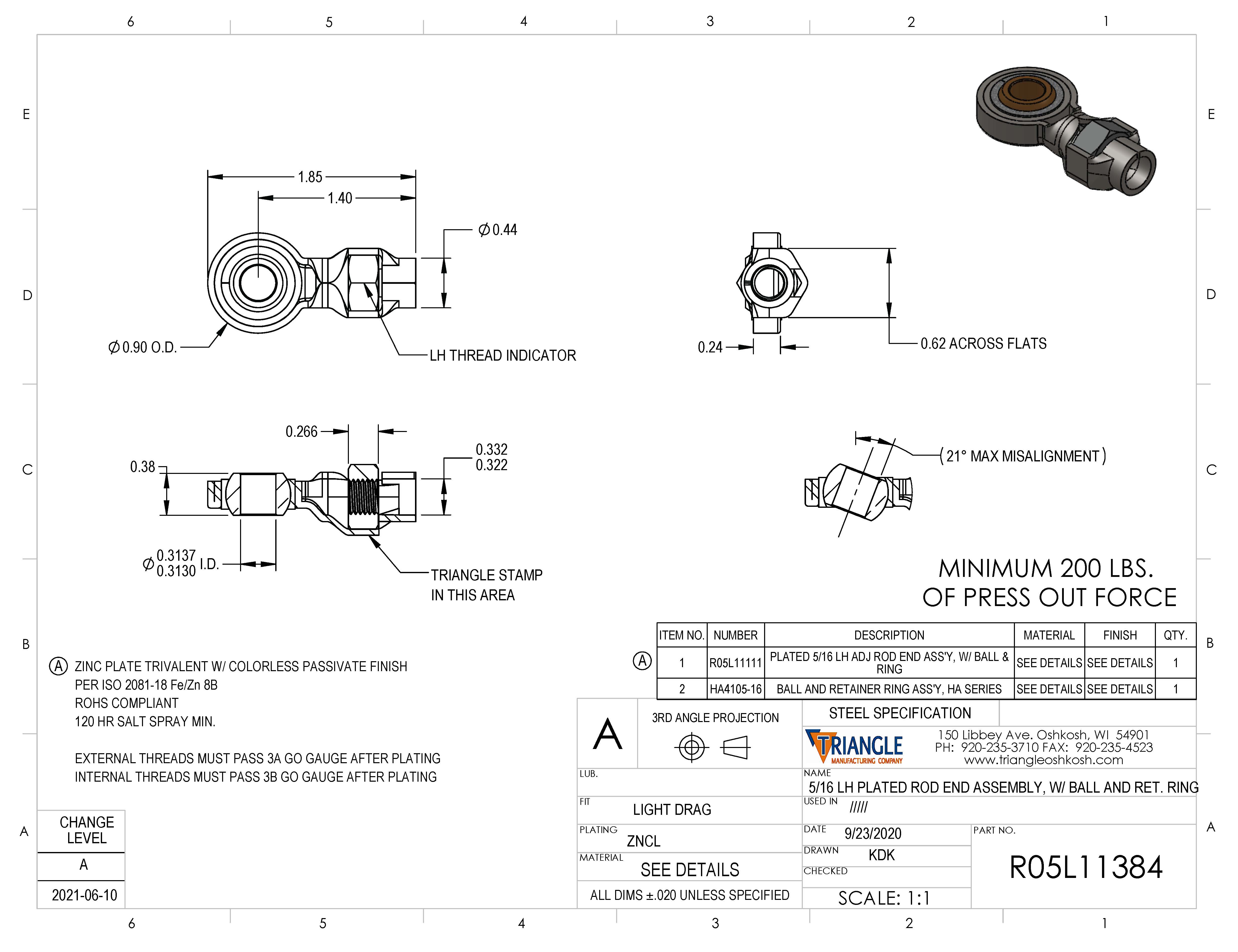 Steel Spherical Rod End Bearing Heim Joint - 5/16-24