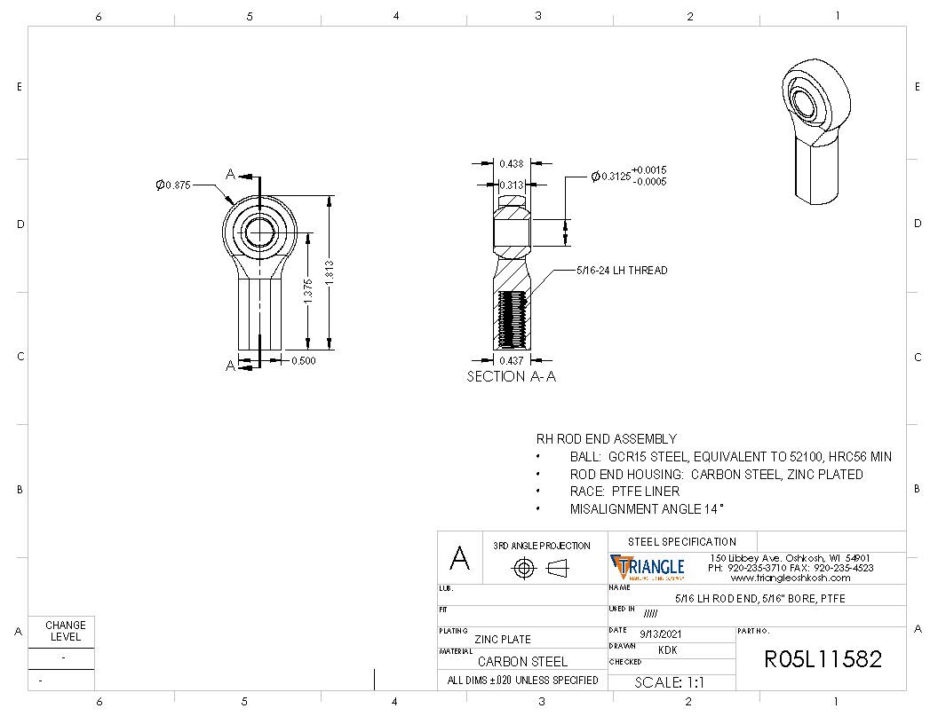Carbon Steel Spherical Rod End Bearing Heim Joint - 5/16-24